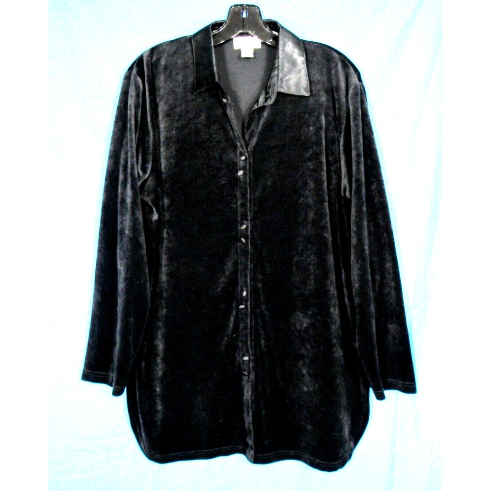 FRAZIER LAWRENCE Black VELVET BLOUSE Button-Up SATIN COLLAR Blouse/Tunic Top M